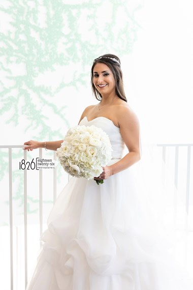 Bride Standing, Holding Large White Rose Bouquet - Ohio Weddings, The Hotel at Oberlin