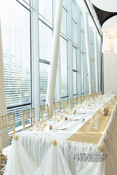 Gorgeous White and Gold Tablescape In Front of Windows - Ohio Weddings, The Hotel at Oberlin
