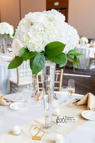 White Rose and White Hydrangea Table Centerpiece - Oberlin Wedding Venue