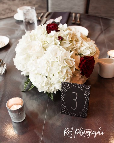 Table Centerpiece Closeup of White Hydrangeas and Red Roses - Oberlin Ohio Wedding