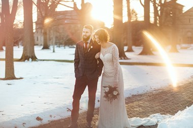 Bride and Groom Taking Wedding Photos in Snow During the Day - Oberlin, Ohio