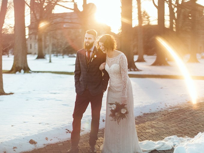 Bride and Groom Taking Wedding Photos in Snow During the Day - Oberlin, Ohio