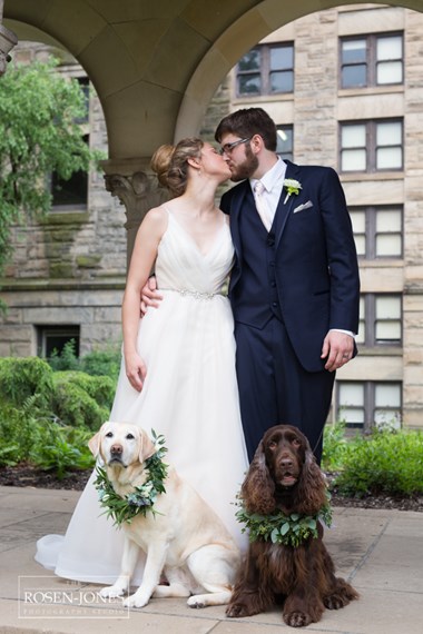 Bride and Groom Share a Kiss With Dogs in the Foreground - Ohio Wedding