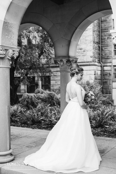 Bride Showing the Back of Her Gorgeous Wedding Gown, Black & White Photo - Ohio Wedding, Oberlin Ohio