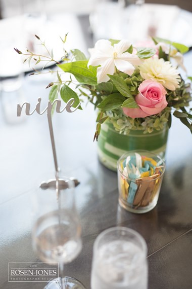 Table Centerpiece Closeup With Simple White and Pink Flower Arrangement - Ohio Wedding