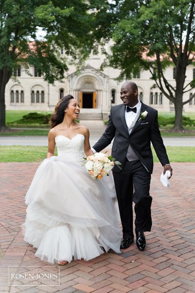 Bride and Groom Share a Laugh While Walking Outside Across the Street from the Ceremony - Oberlin, Ohio Wedding