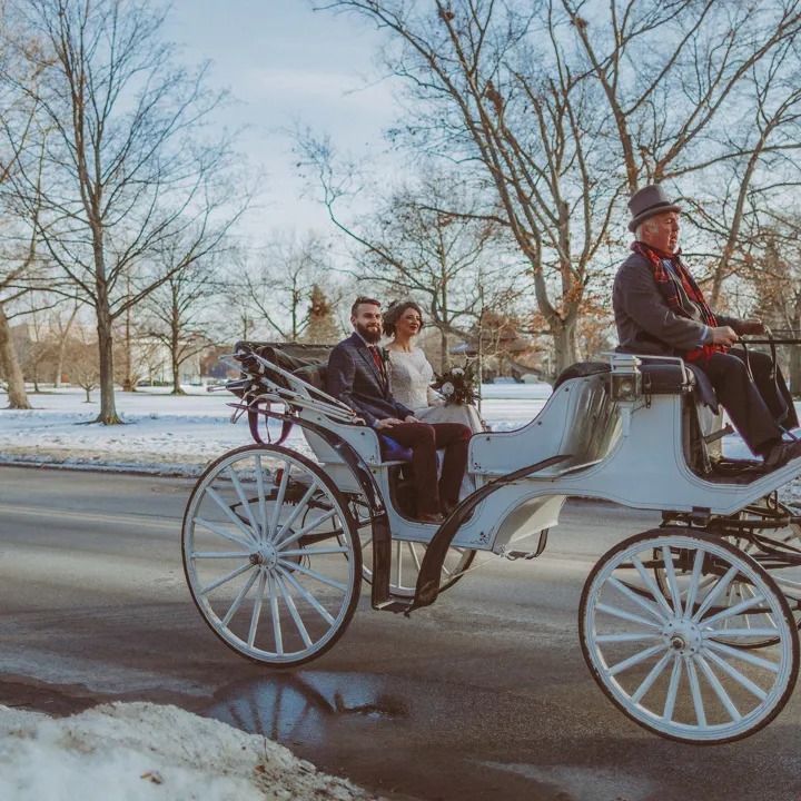 Newly married couple in a horse drawn carriage at The Hotel at Oberlin