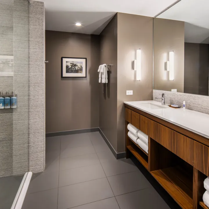 Guest room bathroom with a double vanity