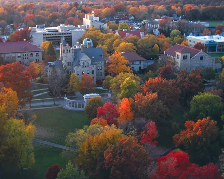 Drone view of Oberlin College with bright foliage during the fall